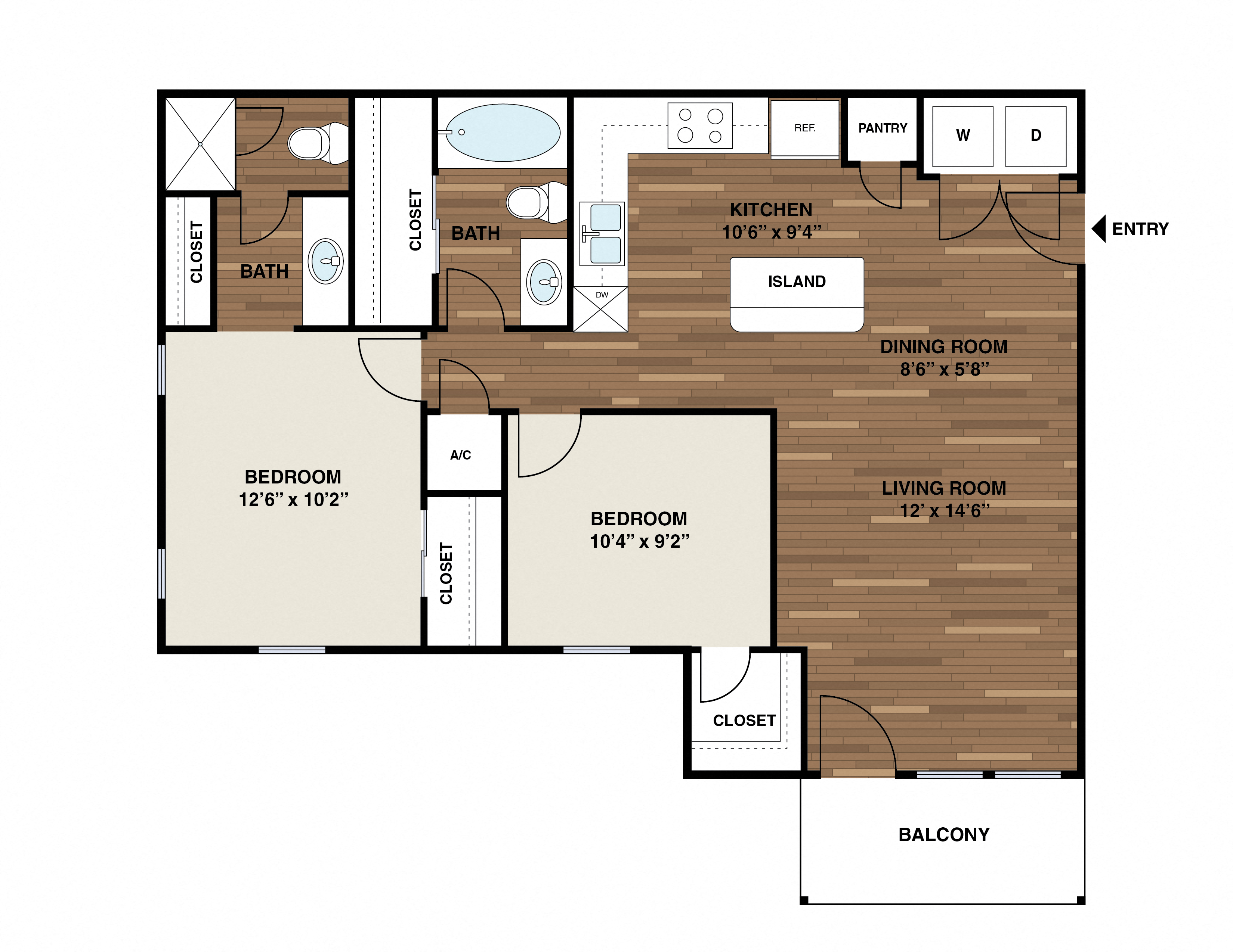 Floor plan for 2 beds, 2 baths, 870 sqft